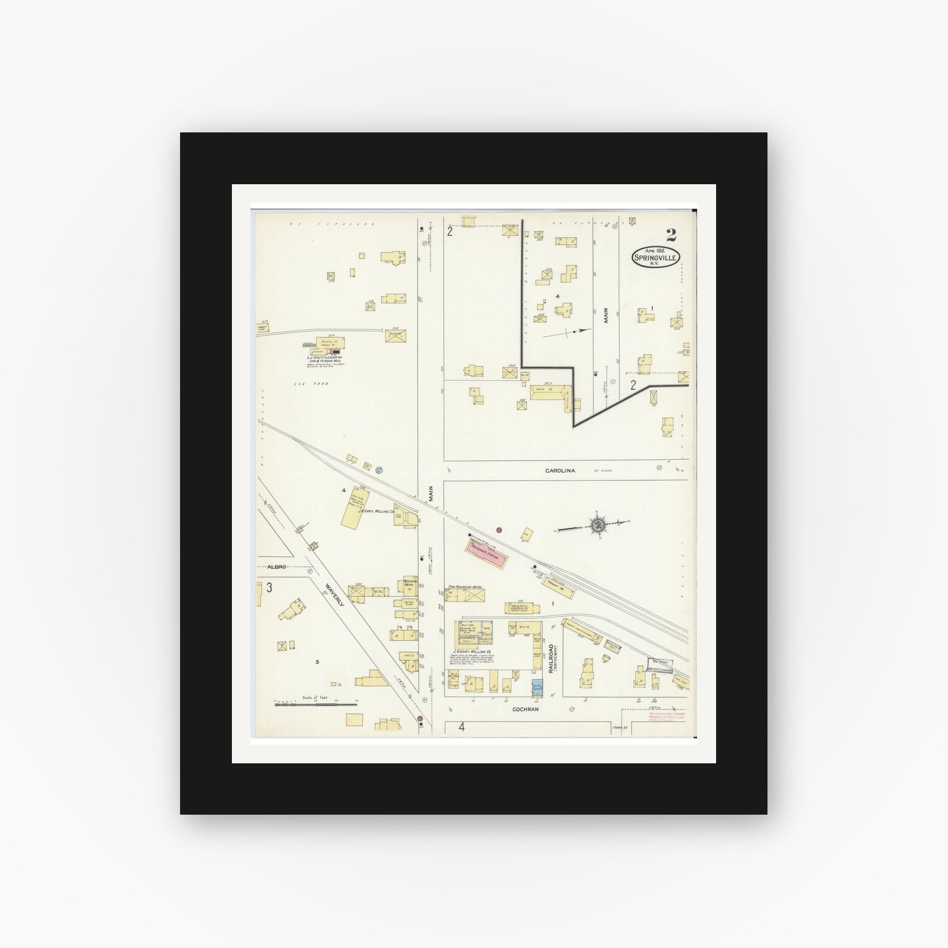 Old map wall art mockup — black gallery frame with white mat — Sanborn Fire Insurance Map from Springville, Erie County, New York (1912), Sheet #0002