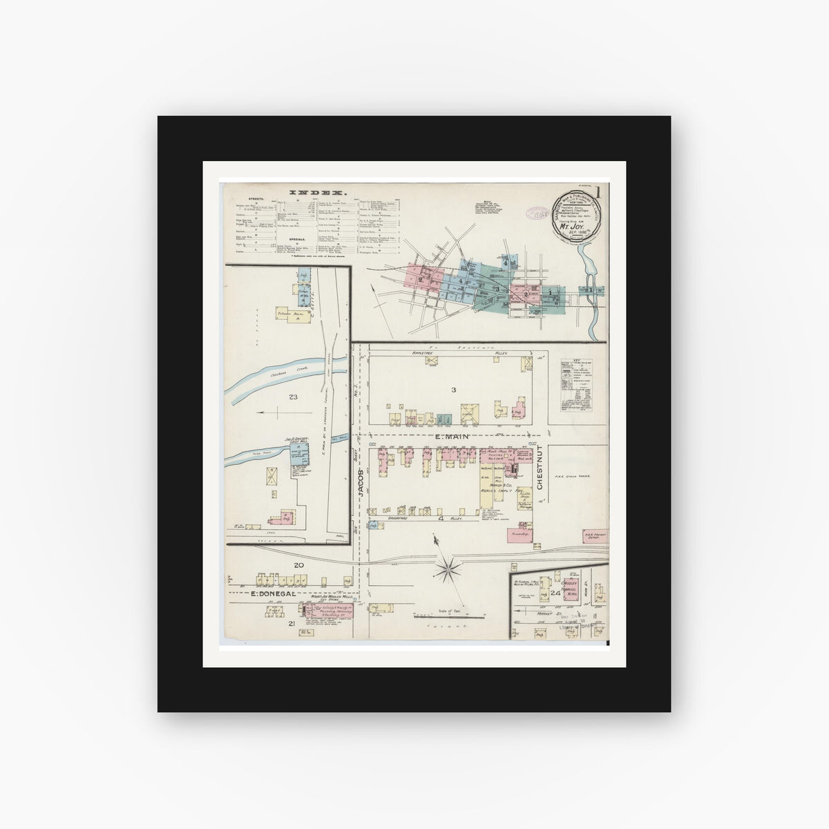 Old map wall art mockup — black gallery frame with white mat — Sanborn Fire Insurance Map from Mount Joy, Lancaster County, Pennsylvania (1886) - Complete Map Set