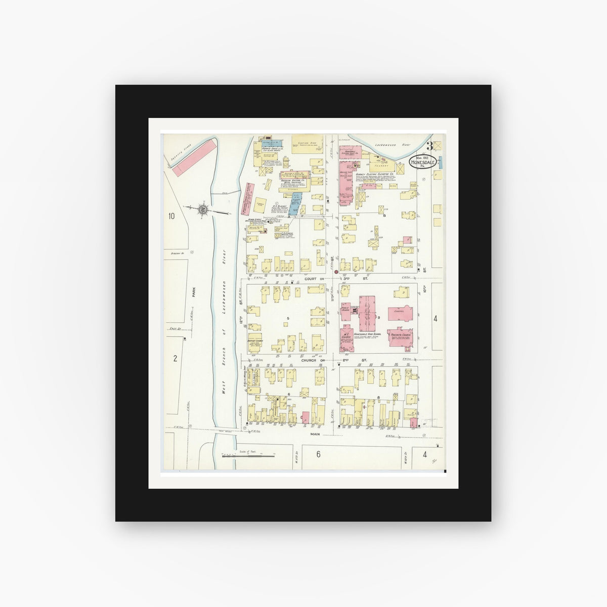 Old map wall art mockup — black gallery frame with white mat — Sanborn Fire Insurance Map from Honesdale, Wayne County, Pennsylvania (1912), Sheet #0003
