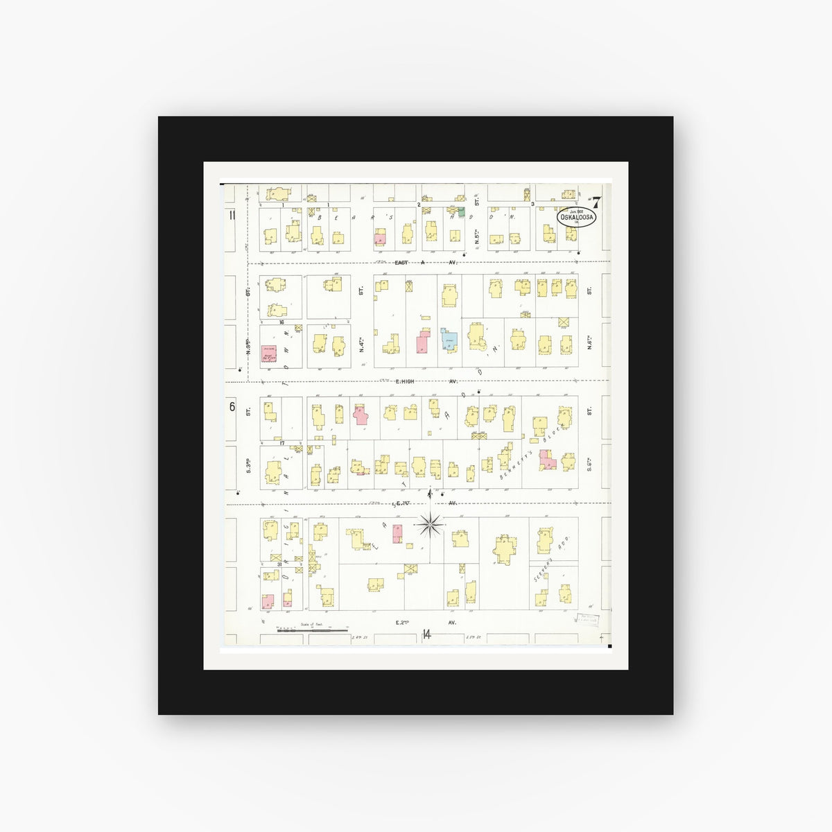 Old map wall art mockup — black gallery frame with white mat — Sanborn Fire Insurance Map from Oskaloosa, Mahaska County, Iowa (1902), Sheet #0007