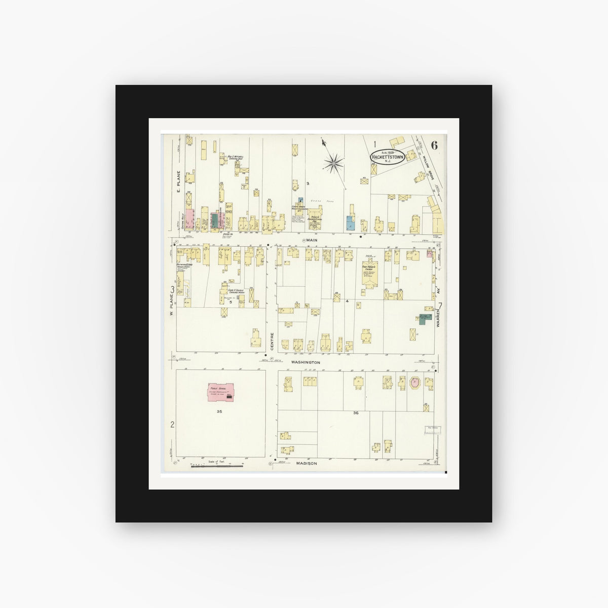 Old map wall art mockup — black gallery frame with white mat — Sanborn Fire Insurance Map from Hackettstown, Warren County, New Jersey (1909), Sheet #0006