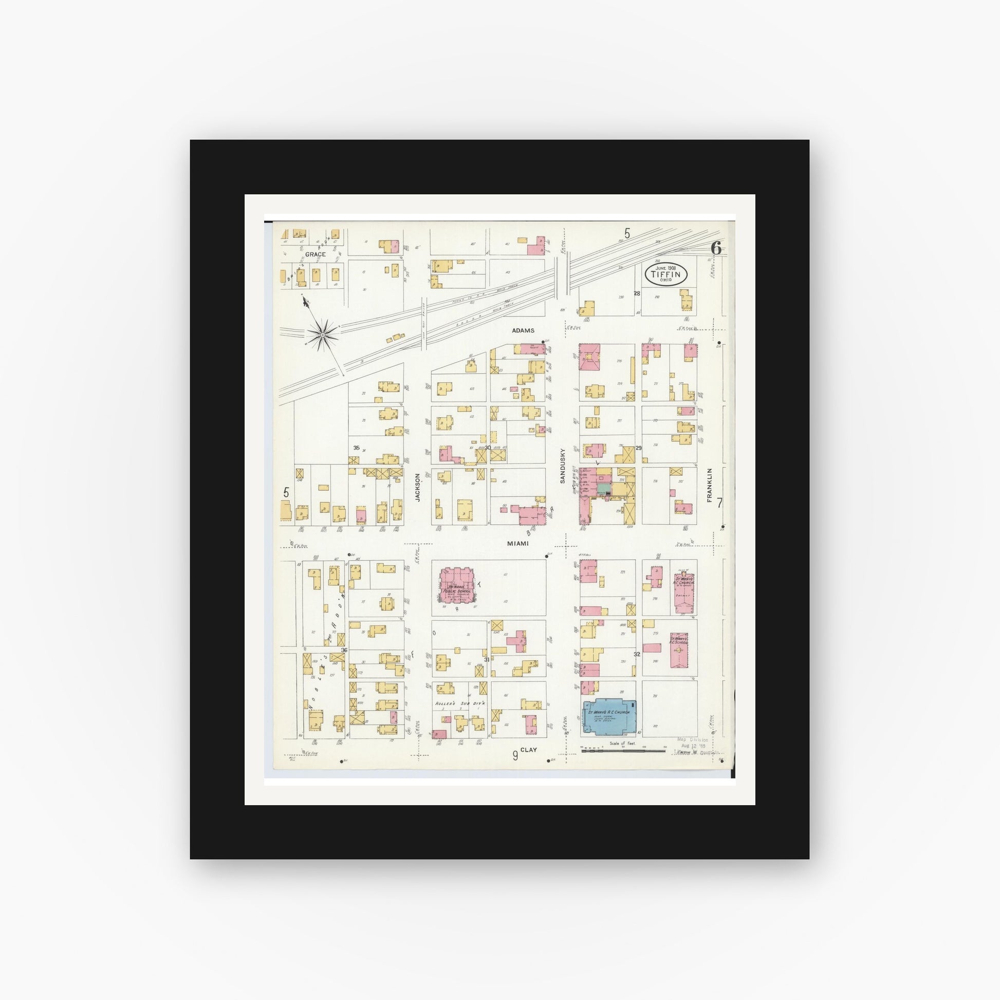 Old map wall art mockup — black gallery frame with white mat — Sanborn Fire Insurance Map from Tiffin, Seneca County, Ohio (1908), Sheet #0006