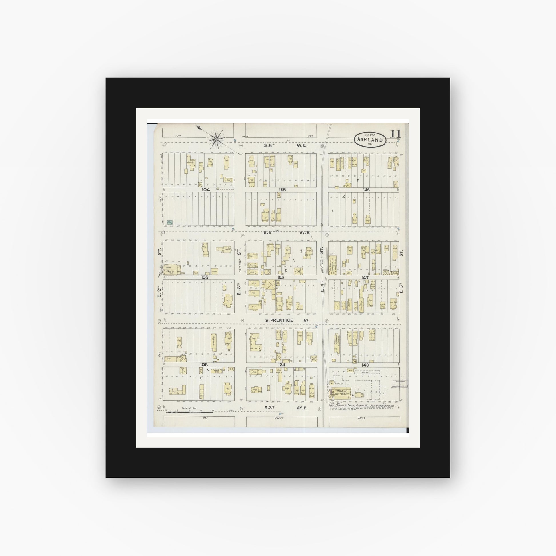 Old map wall art mockup — black gallery frame with white mat — Sanborn Fire Insurance Map from Ashland, Ashland County, Wisconsin (1890), Sheet #0011