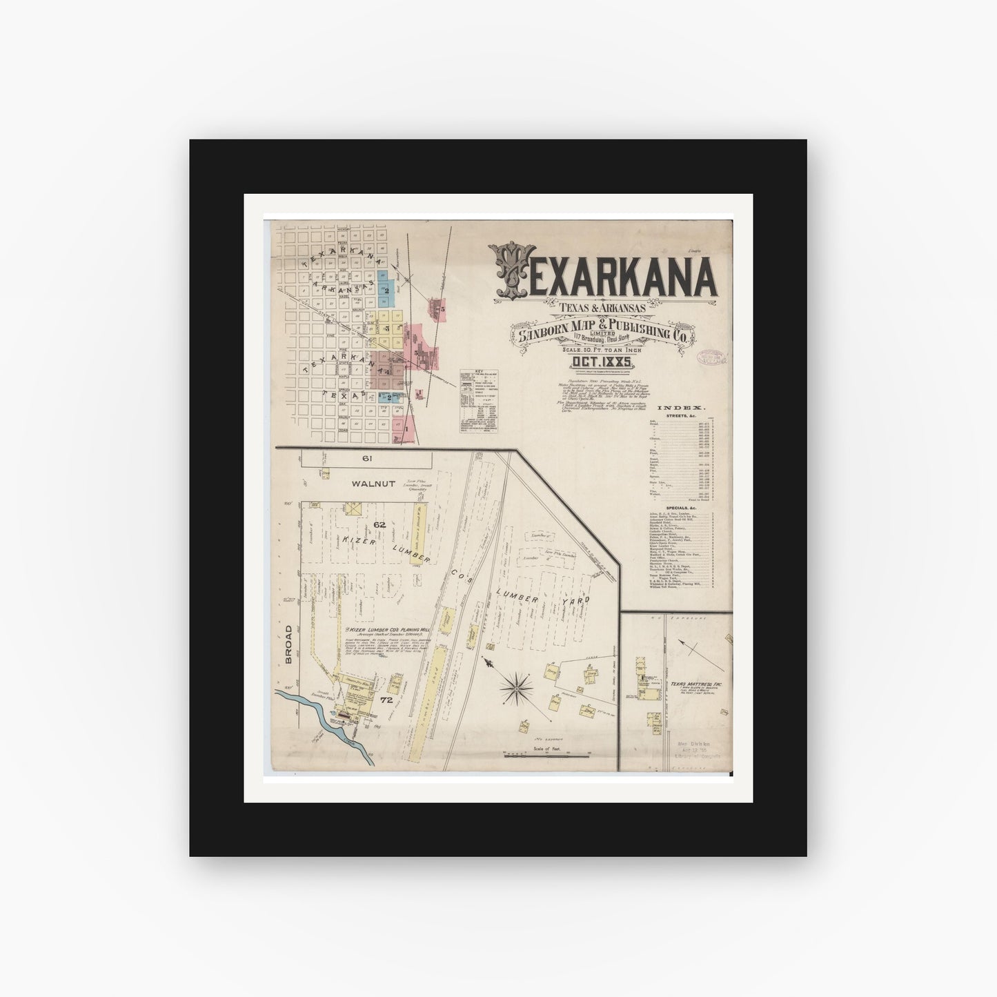Old map wall art mockup — black gallery frame with white mat — Sanborn Fire Insurance Map from Texarkana, Bowie County, Texas (1885), Sheet #0001