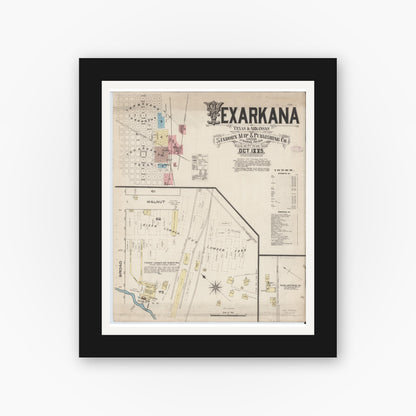 Old map wall art mockup — black gallery frame with white mat — Sanborn Fire Insurance Map from Texarkana, Bowie County, Texas (1885), Sheet #0001