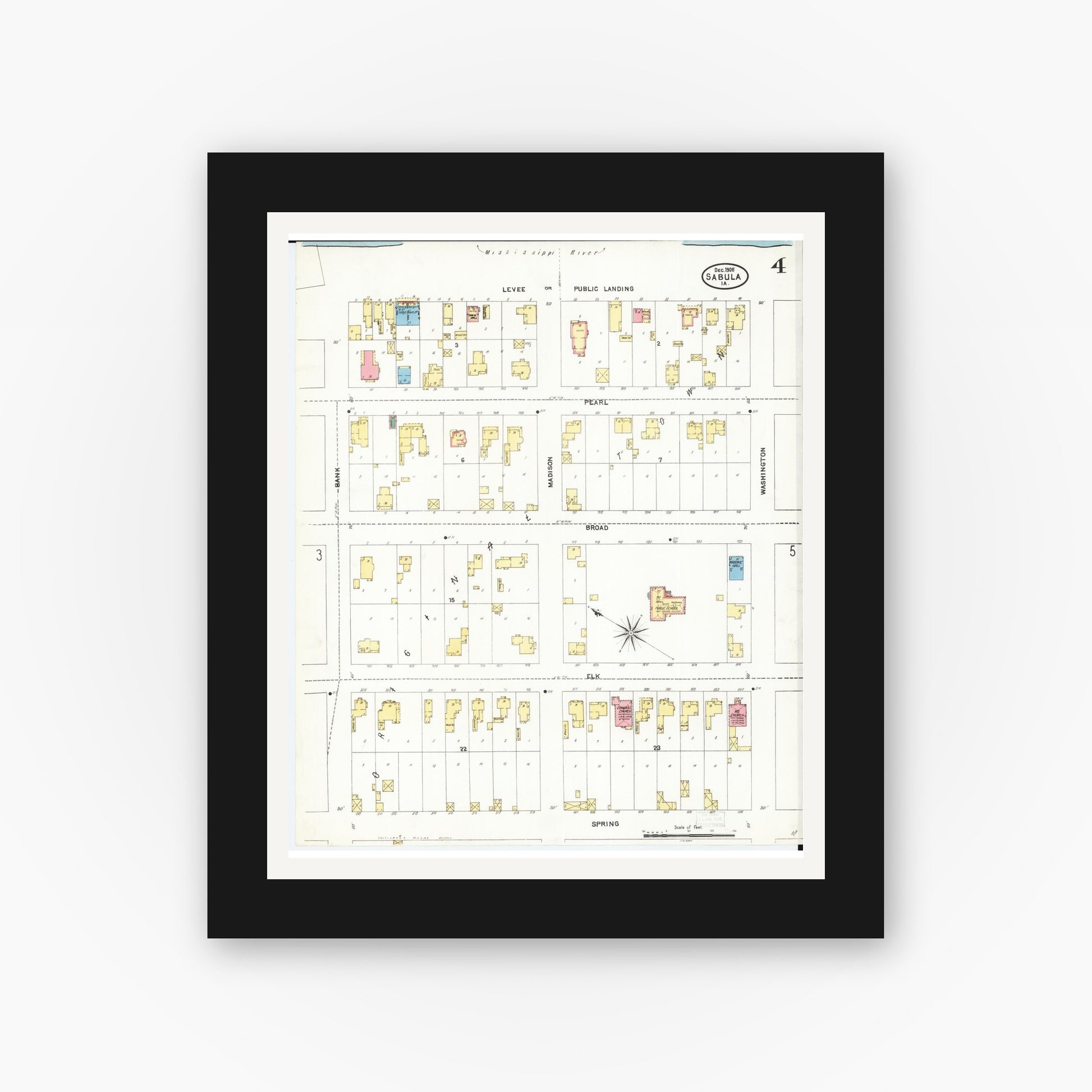Old map wall art mockup — black gallery frame with white mat — Sanborn Fire Insurance Map from Sabula, Jackson County, Iowa (1905), Sheet #0004