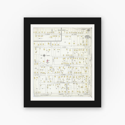 Old map wall art mockup — black gallery frame with white mat — Sanborn Fire Insurance Map from Terrell, Kaufman County, Texas (1921), Sheet #0015