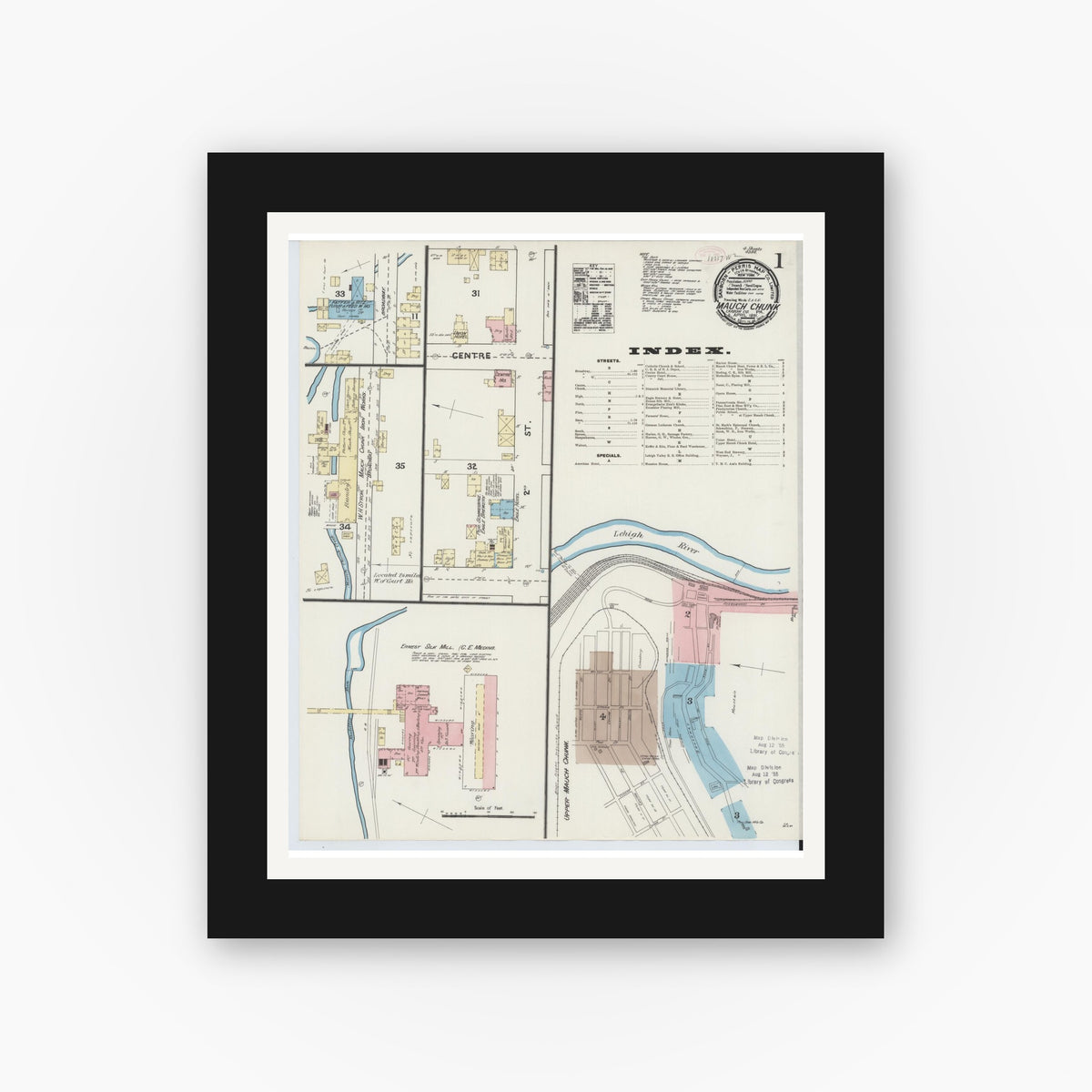 Old map wall art mockup — black gallery frame with white mat — Sanborn Fire Insurance Map from Mauch Chunk, Carbon County, Pennsylvania (1891), Sheet #0001