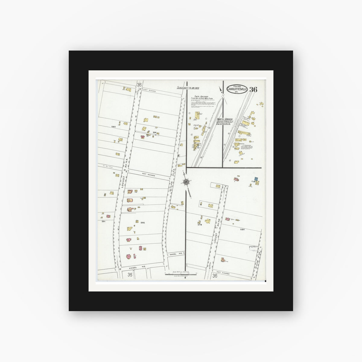 Old map wall art mockup — black gallery frame with white mat — Sanborn Fire Insurance Map from Charlottesville, Independent Cities, Virginia (1920), Sheet #0036