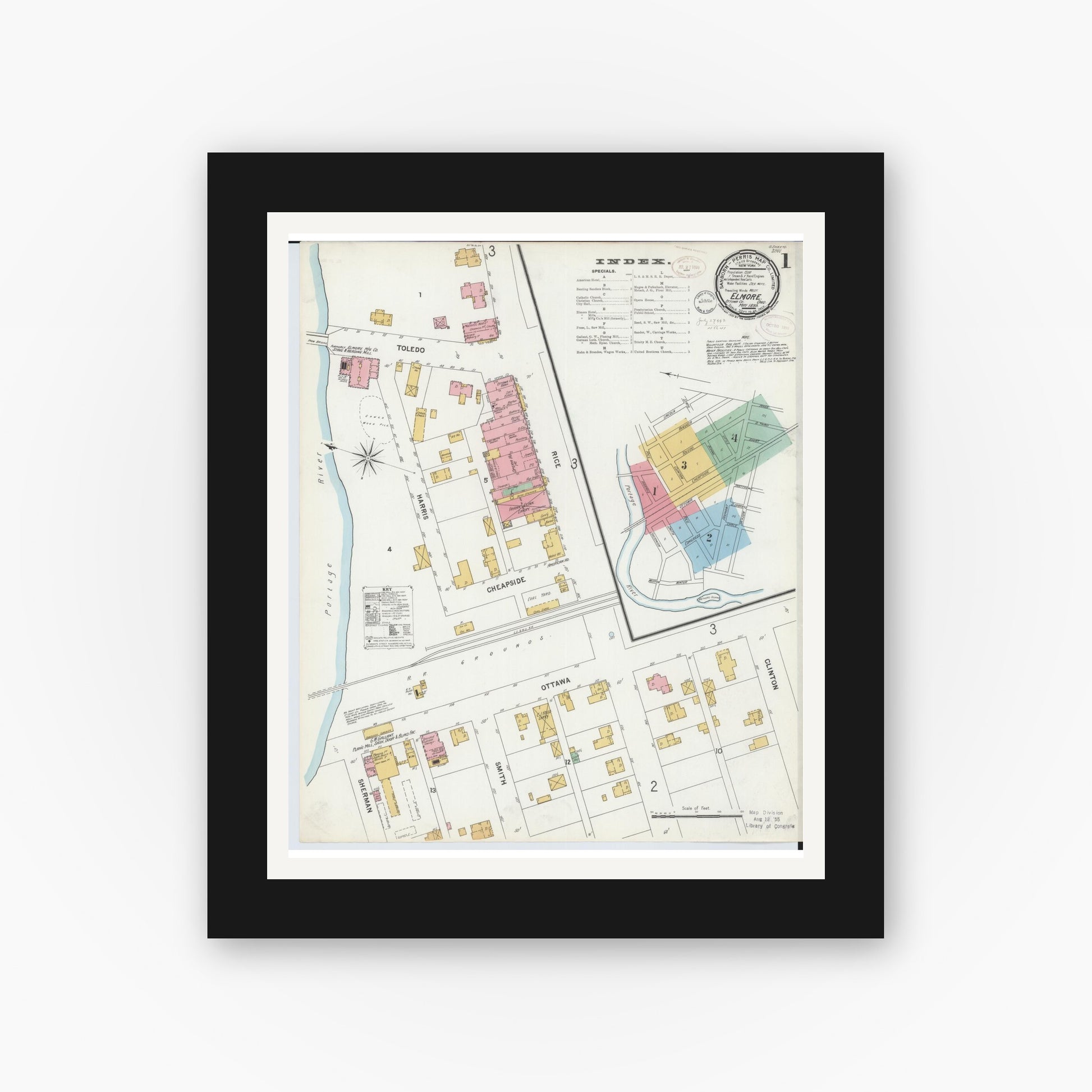 Old map wall art mockup — black gallery frame with white mat — Sanborn Fire Insurance Map from Elmore, Ottawa County, Ohio (1899), Sheet #0001