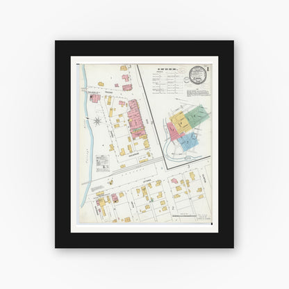 Old map wall art mockup — black gallery frame with white mat — Sanborn Fire Insurance Map from Elmore, Ottawa County, Ohio (1899), Sheet #0001