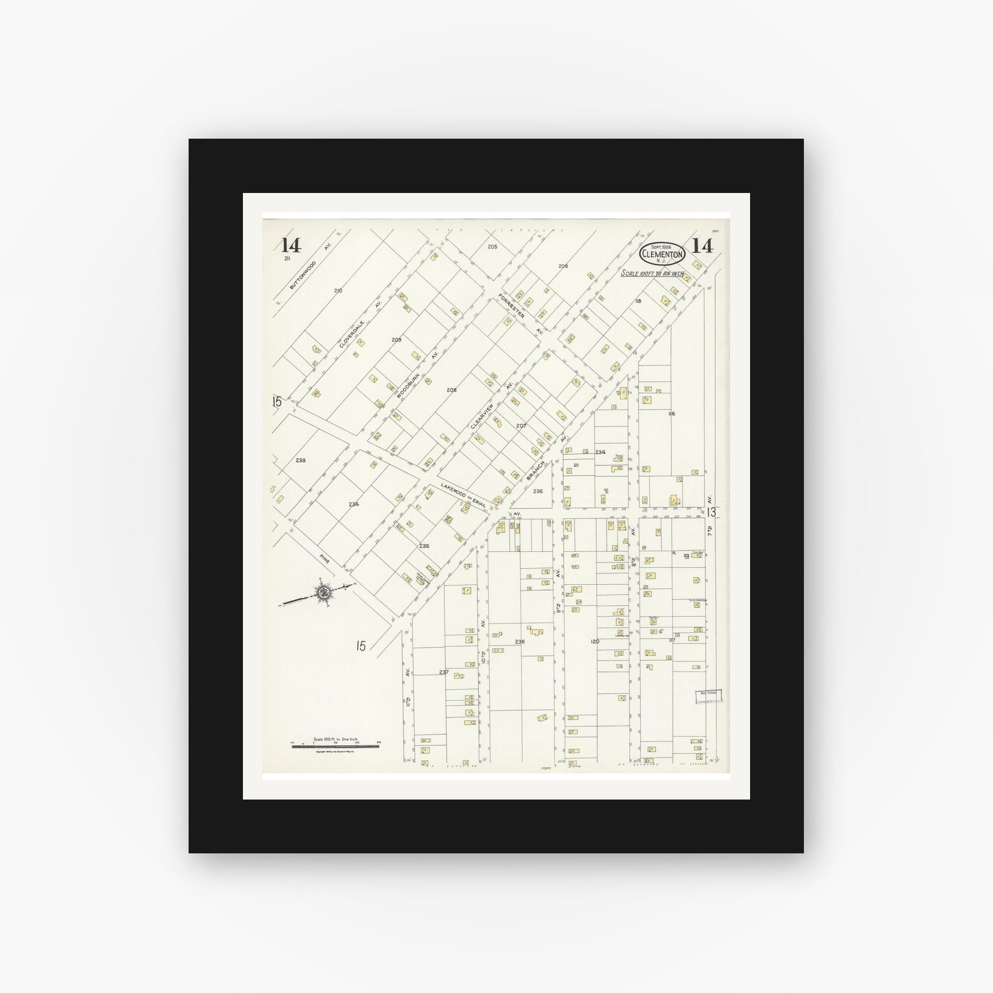 Old map wall art mockup — black gallery frame with white mat — Sanborn Fire Insurance Map from Clementon, Camden County, New Jersey (1924), Sheet #0014