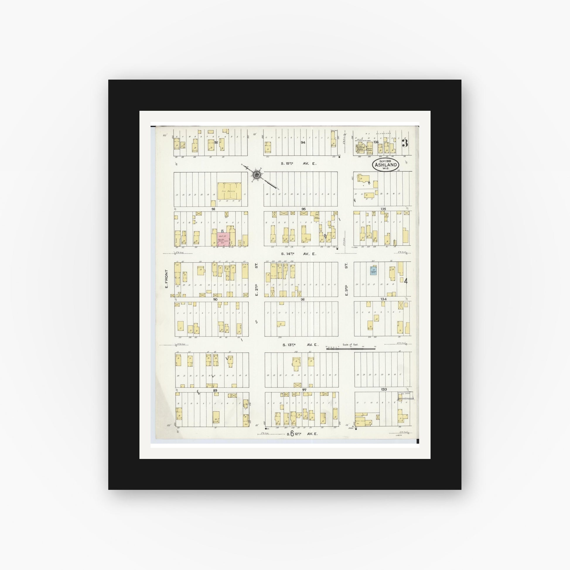 Old map wall art mockup — black gallery frame with white mat — Sanborn Fire Insurance Map from Ashland, Ashland County, Wisconsin (1909), Sheet #0003