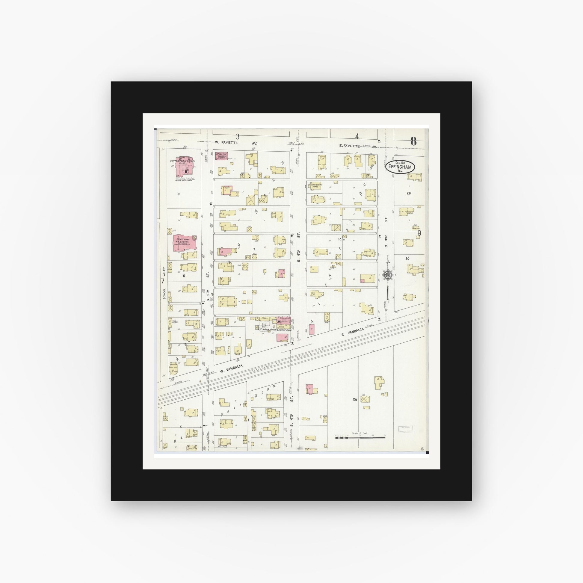 Old map wall art mockup — black gallery frame with white mat — Sanborn Fire Insurance Map from Effingham, Effingham County, Illinois (1911), Sheet #0008