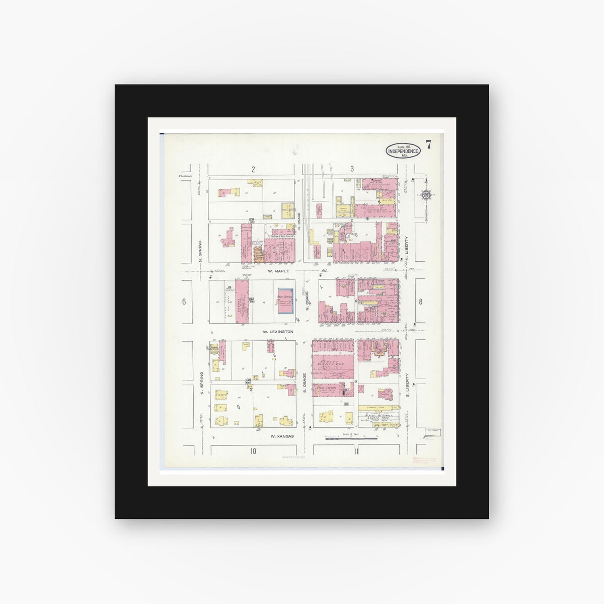 Old map wall art mockup — black gallery frame with white mat — Sanborn Fire Insurance Map from Independence, Jackson County, Missouri (1916), Sheet #0007