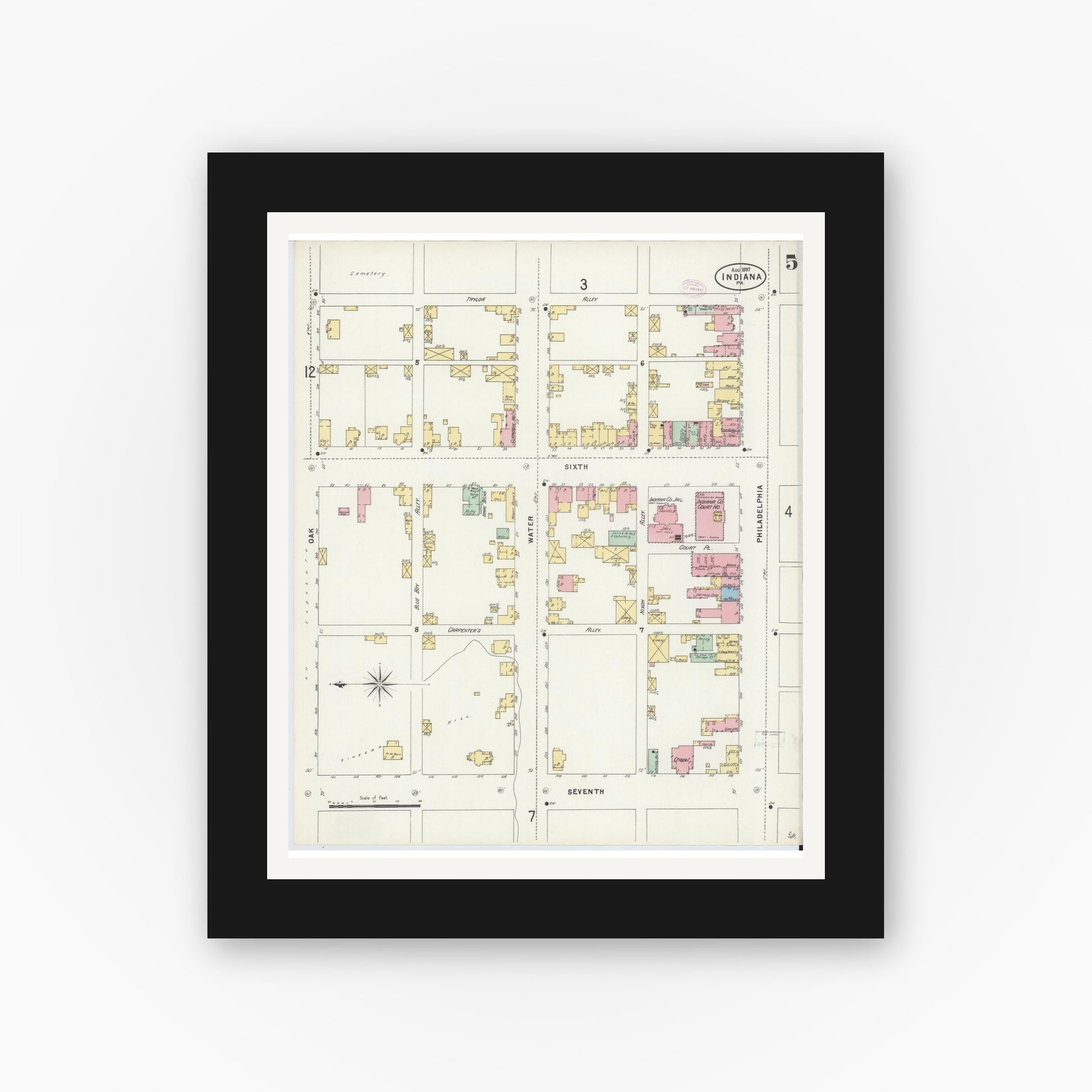 Old map wall art mockup — black gallery frame with white mat — Sanborn Fire Insurance Map from Indiana, Indiana County, Pennsylvania (1888), Sheet #0005