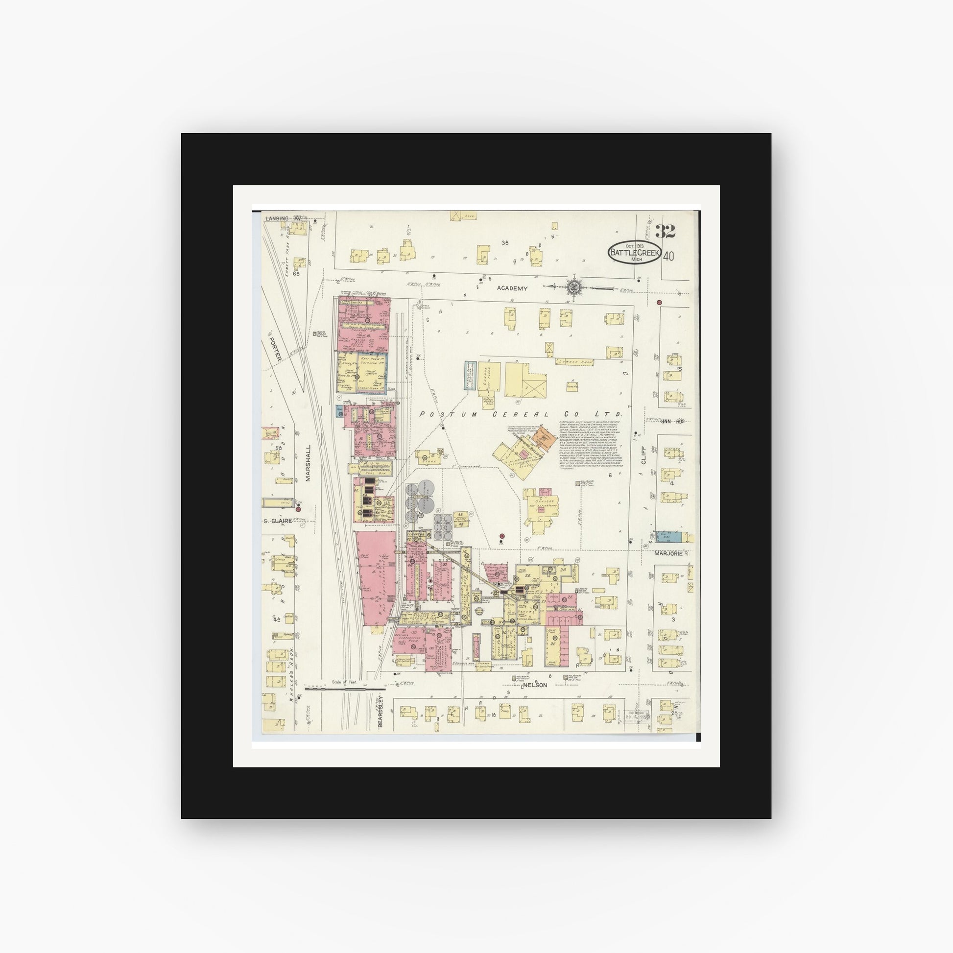 Old map wall art mockup — black gallery frame with white mat — Sanborn Fire Insurance Map from Battle Creek, Calhoun County, Michigan (1913), Sheet #0032