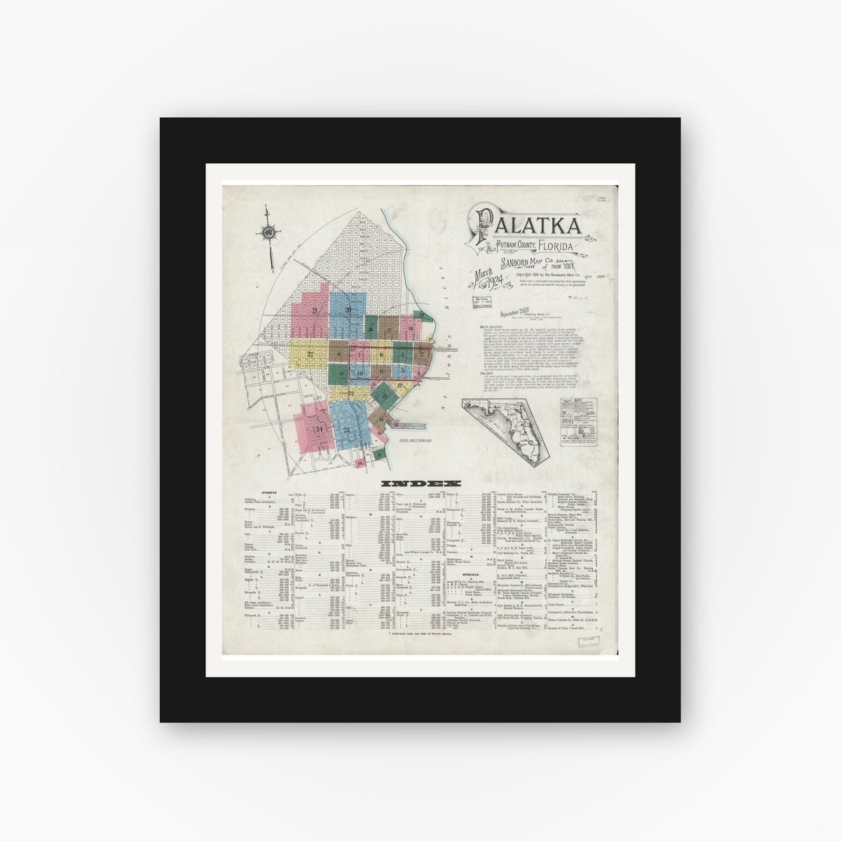 Old map wall art mockup — black gallery frame with white mat — Sanborn Fire Insurance Map from Palatka, Putnam County, Florida (1924), Sheet #0001