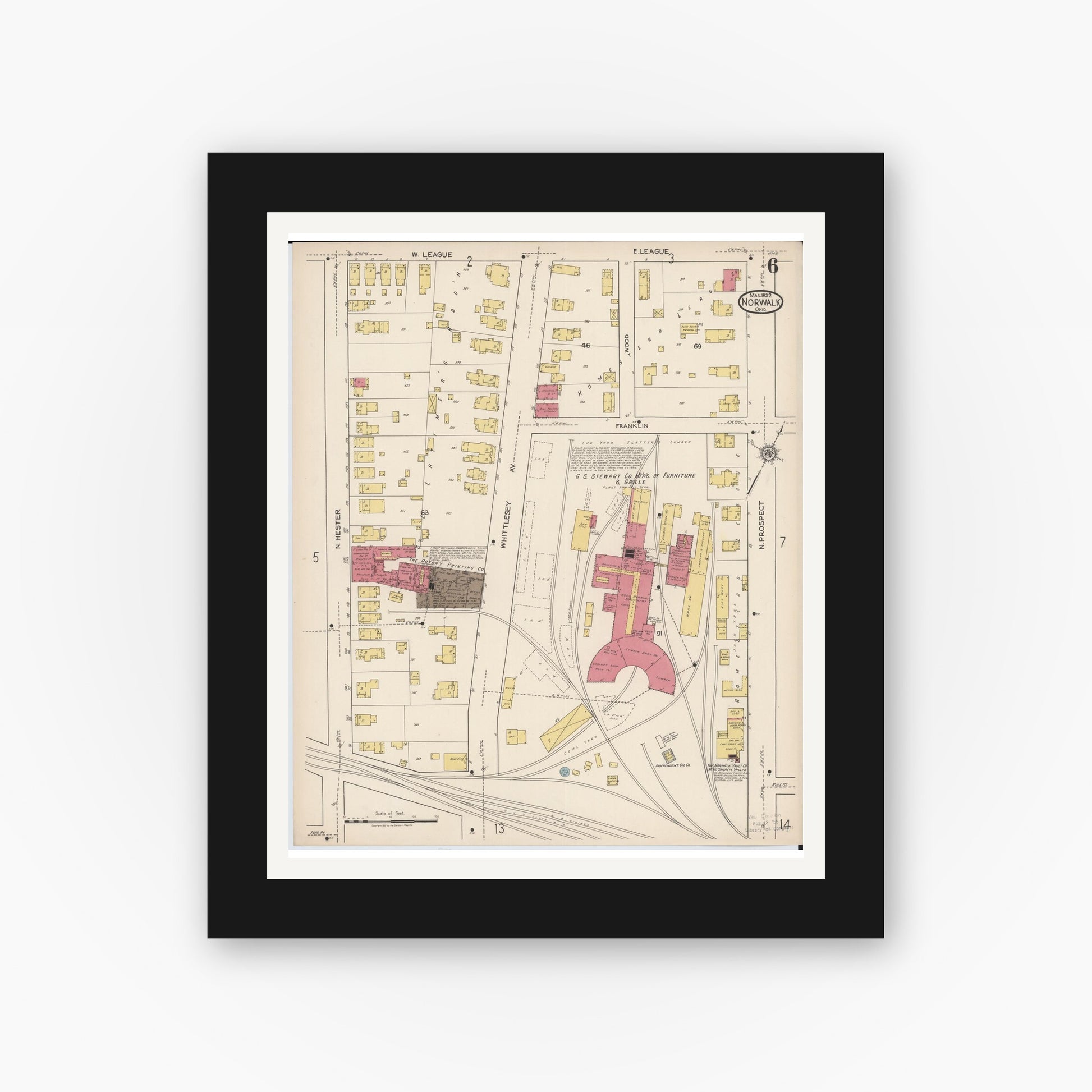 Old map wall art mockup — black gallery frame with white mat — Sanborn Fire Insurance Map from Norwalk, Huron County, Ohio (1922), Sheet #0006