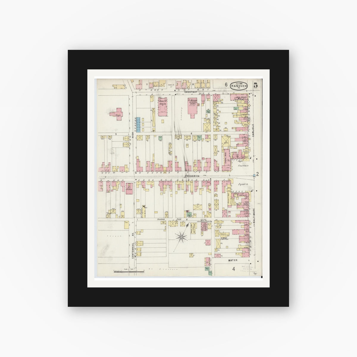 Old map wall art mockup — black gallery frame with white mat — Sanborn Fire Insurance Map from Hanover, York County, Pennsylvania (1896), Sheet #0005