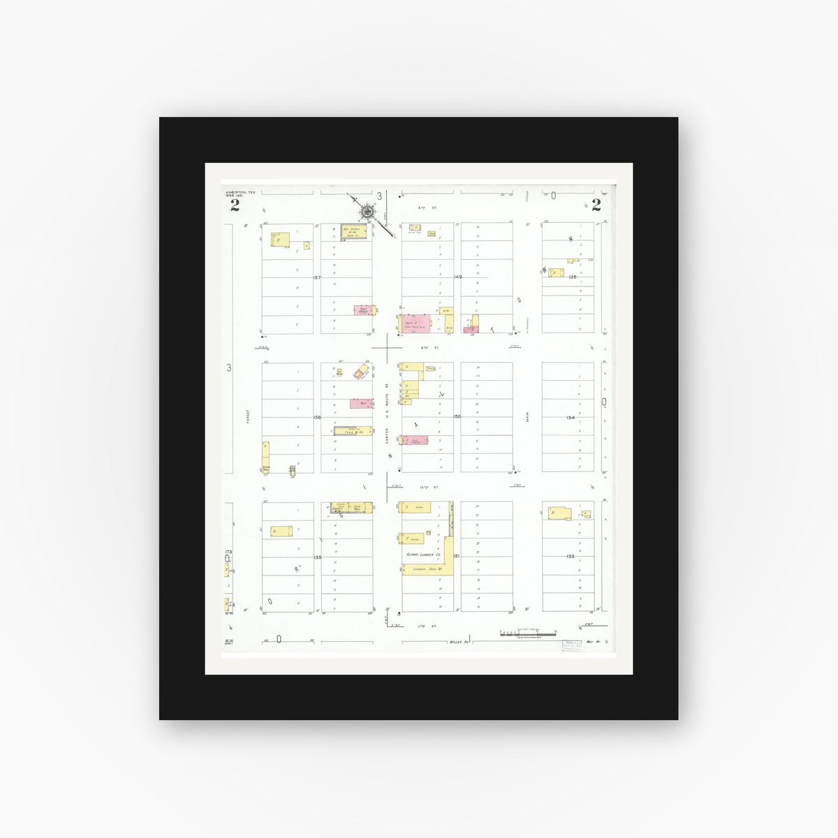 Old map wall art mockup — black gallery frame with white mat — Sanborn Fire Insurance Map from Asherton, Dimmit County, Texas (1951), Sheet #0002