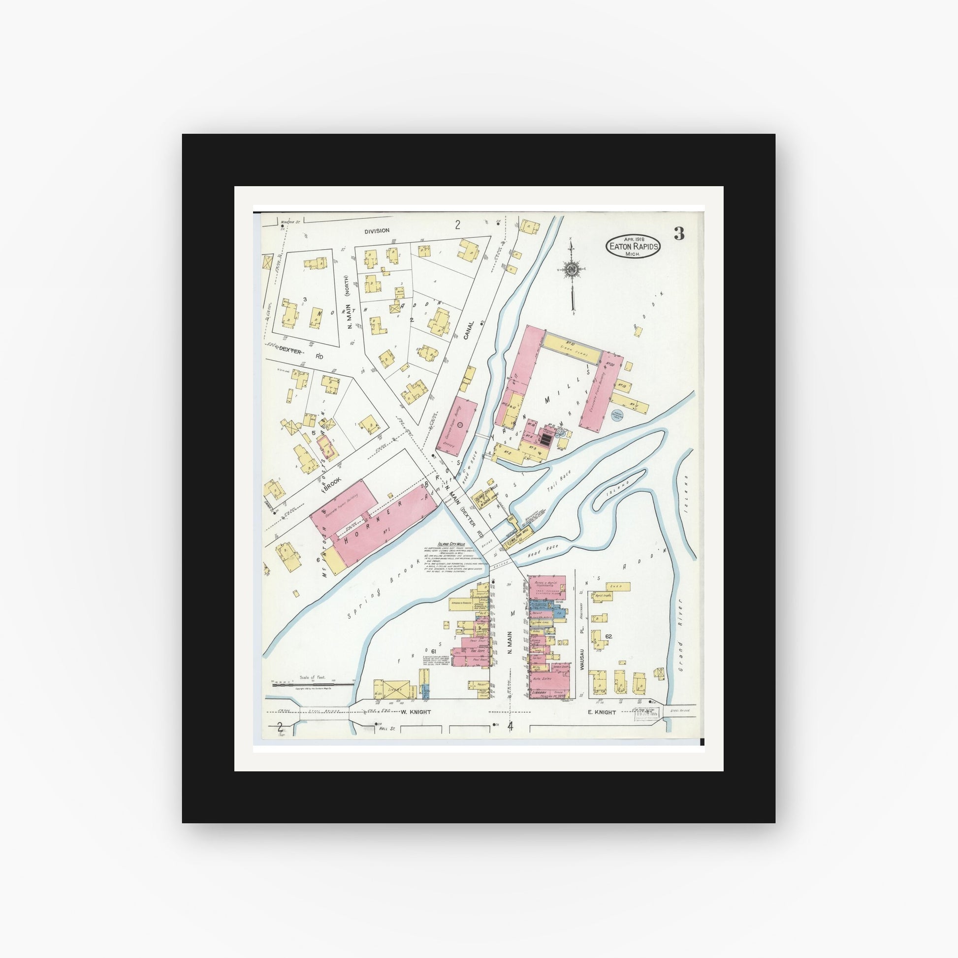 Old map wall art mockup — black gallery frame with white mat — Sanborn Fire Insurance Map from Eaton Rapids, Eaton County, Michigan (1918), Sheet #0003