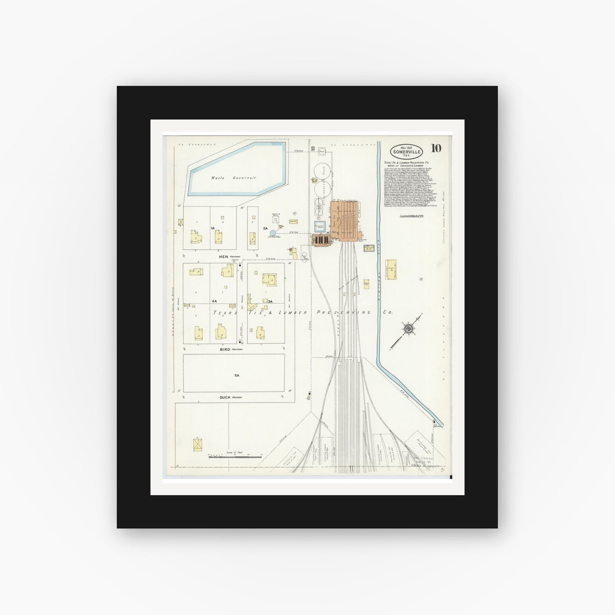 Old map wall art mockup — black gallery frame with white mat — Sanborn Fire Insurance Map from Somerville, Burleson County, Texas (1910), Sheet #0010