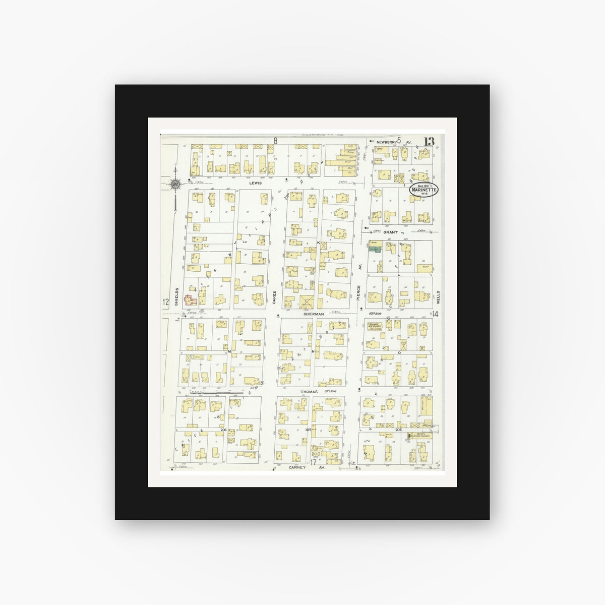 Old map wall art mockup — black gallery frame with white mat — Sanborn Fire Insurance Map from Marinette, Marinette County, Wisconsin (1910), Sheet #0013