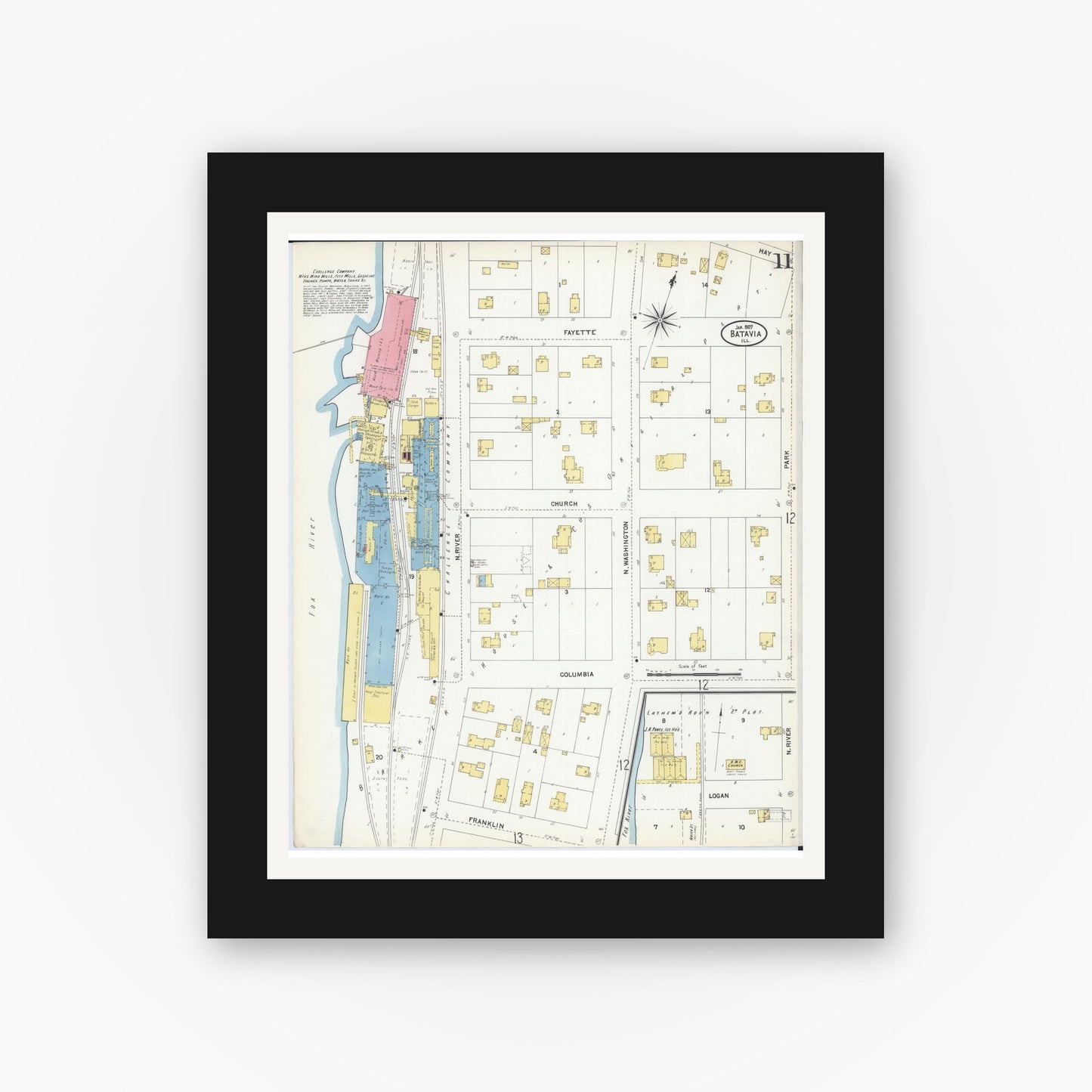 Old map wall art mockup — black gallery frame with white mat — Sanborn Fire Insurance Map from Batavia, Kane County, Illinois (1907), Sheet #0011