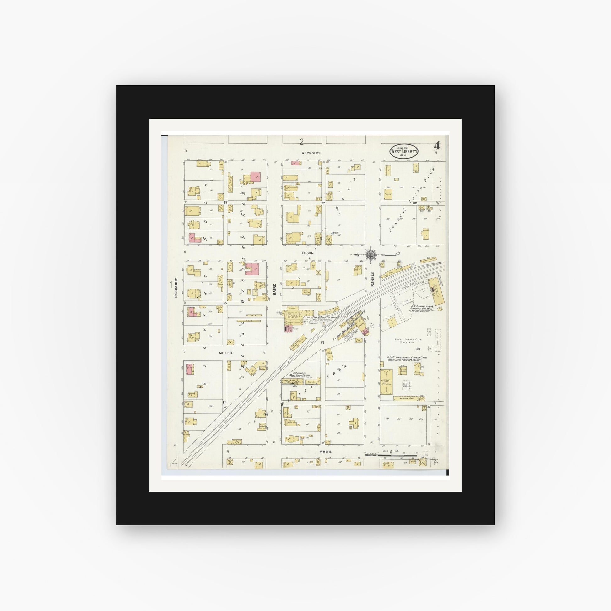 Old map wall art mockup — black gallery frame with white mat — Sanborn Fire Insurance Map from West Liberty, Logan County, Ohio (1911), Sheet #0004