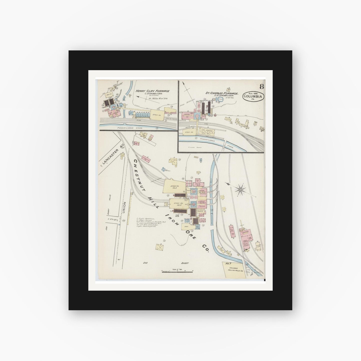 Old map wall art mockup — black gallery frame with white mat — Sanborn Fire Insurance Map from Columbia, Lancaster County, Pennsylvania (1886), Sheet #0008