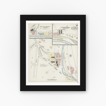 Old map wall art mockup — black gallery frame with white mat — Sanborn Fire Insurance Map from Columbia, Lancaster County, Pennsylvania (1886), Sheet #0008