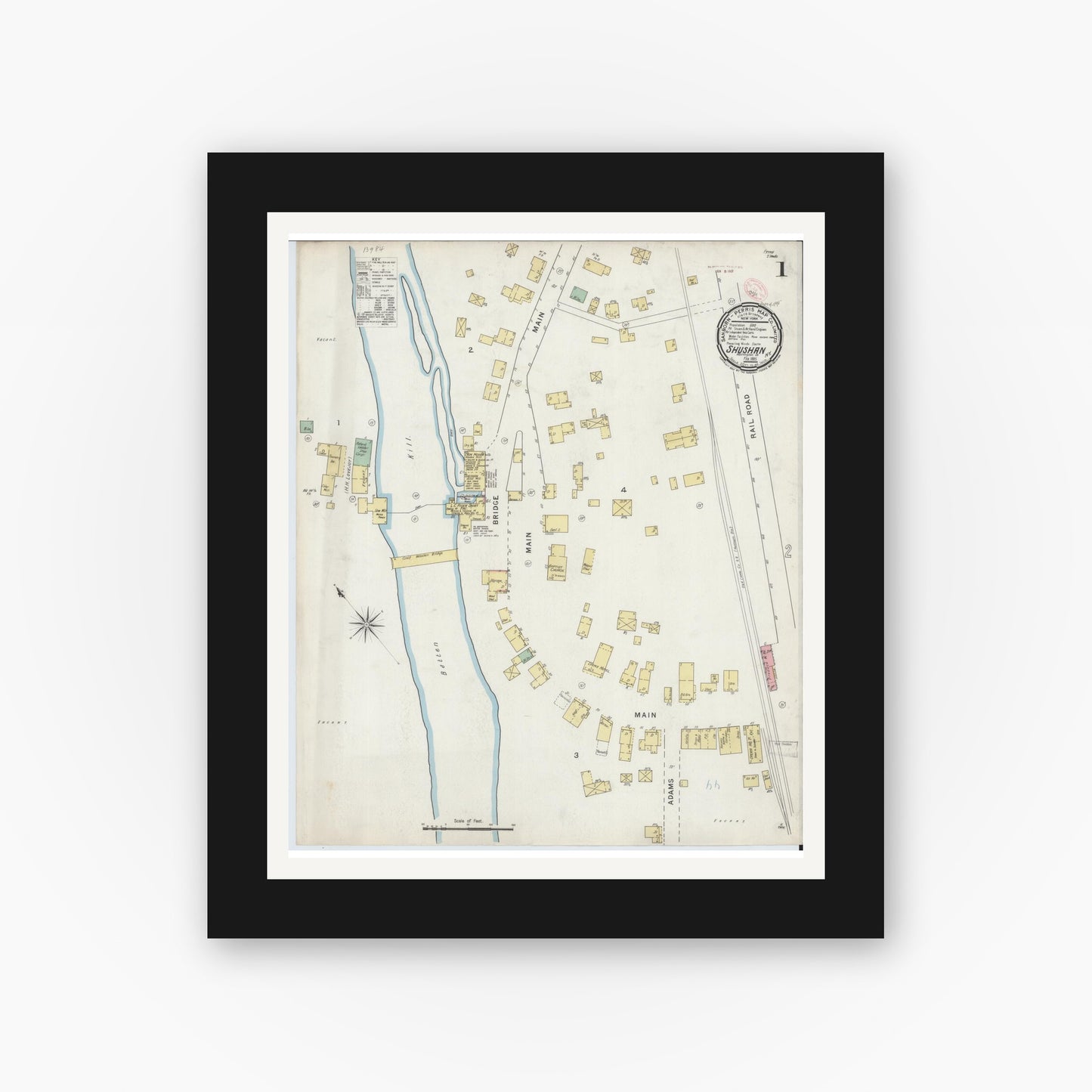 Old map wall art mockup — black gallery frame with white mat — Sanborn Fire Insurance Map from Shushan, Washington County, New York (1895), Sheet #0001