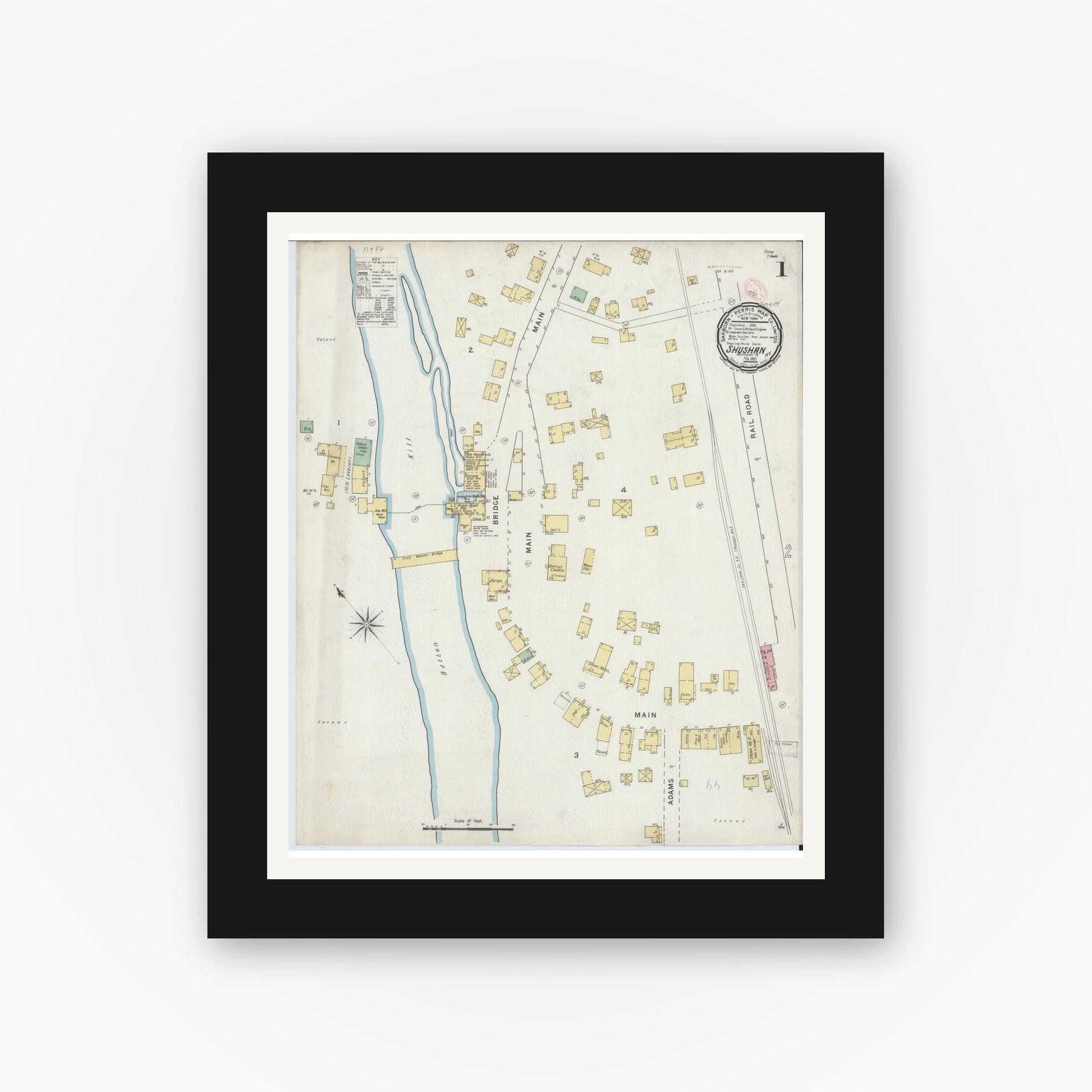 Old map wall art mockup — black gallery frame with white mat — Sanborn Fire Insurance Map from Shushan, Washington County, New York (1895), Sheet #0001