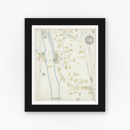 Old map wall art mockup — black gallery frame with white mat — Sanborn Fire Insurance Map from Shushan, Washington County, New York (1895), Sheet #0001