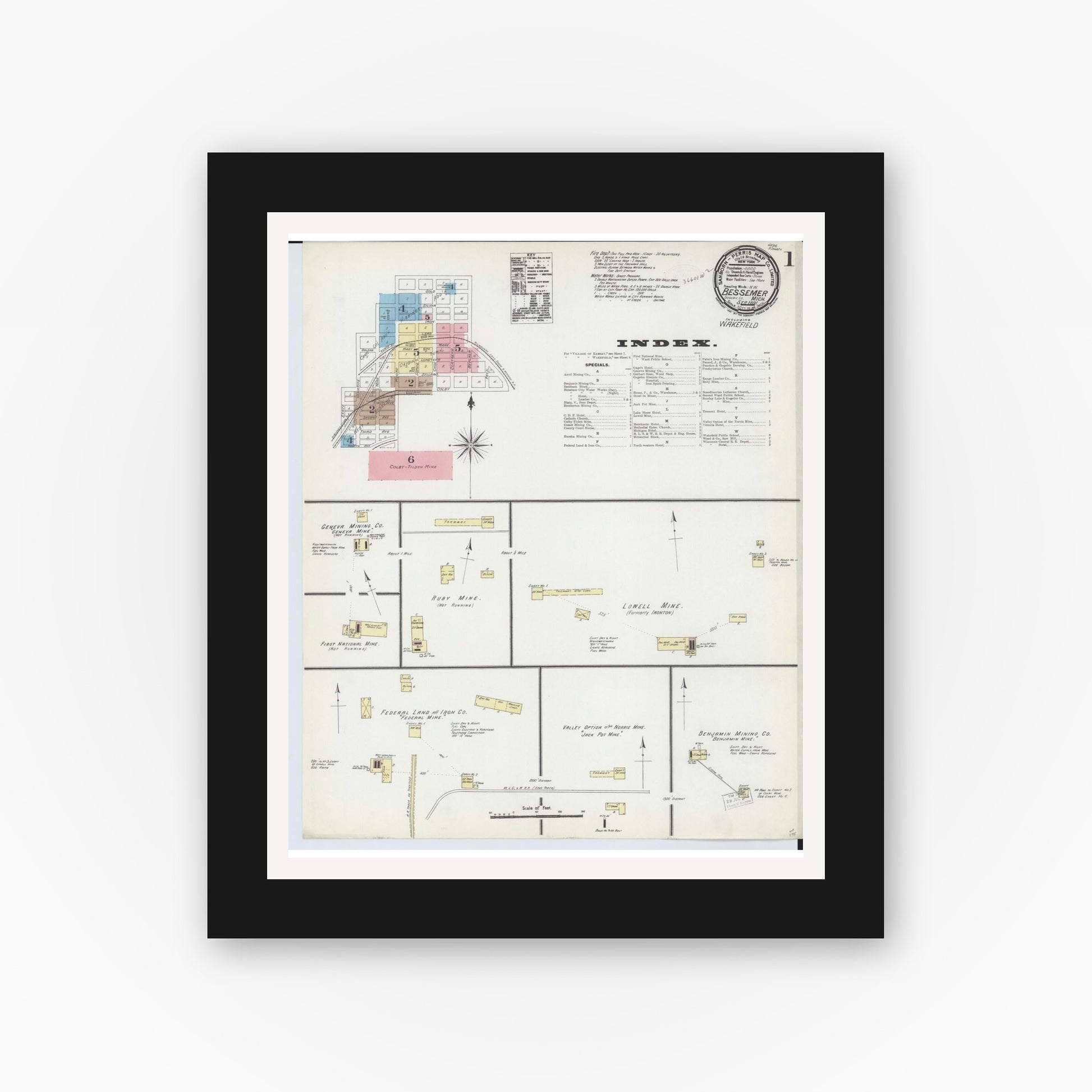 Old map wall art mockup — black gallery frame with white mat — Sanborn Fire Insurance Map from Bessemer, Gogebic County, Michigan (1891), Sheet #0001