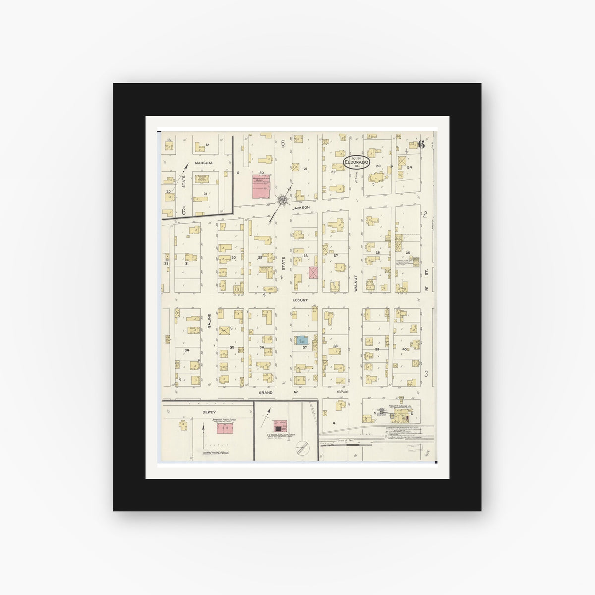 Old map wall art mockup — black gallery frame with white mat — Sanborn Fire Insurance Map from Eldorado, Saline County, Illinois (1911), Sheet #0006
