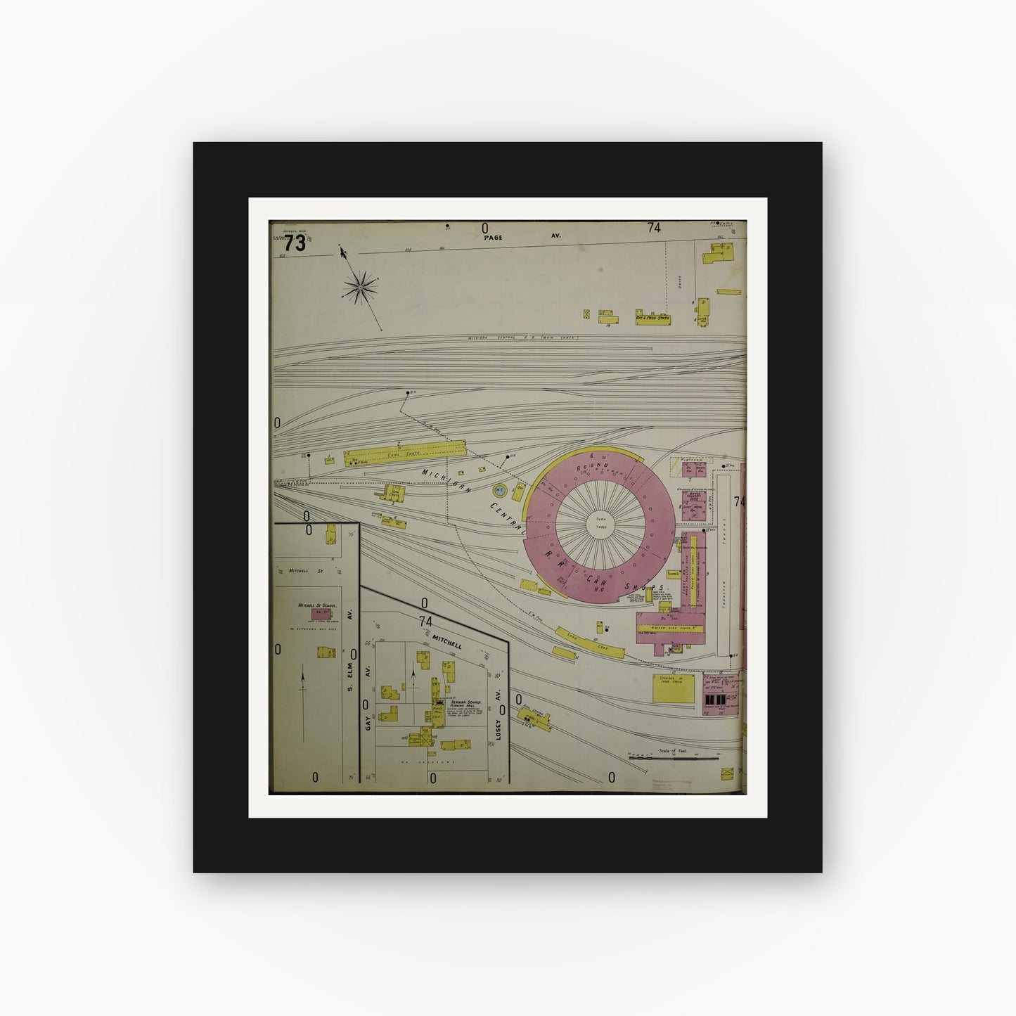 Old map wall art mockup — black gallery frame with white mat — Sanborn Fire Insurance Map from Jackson, Jackson County, Michigan (1907), Sheet #0073