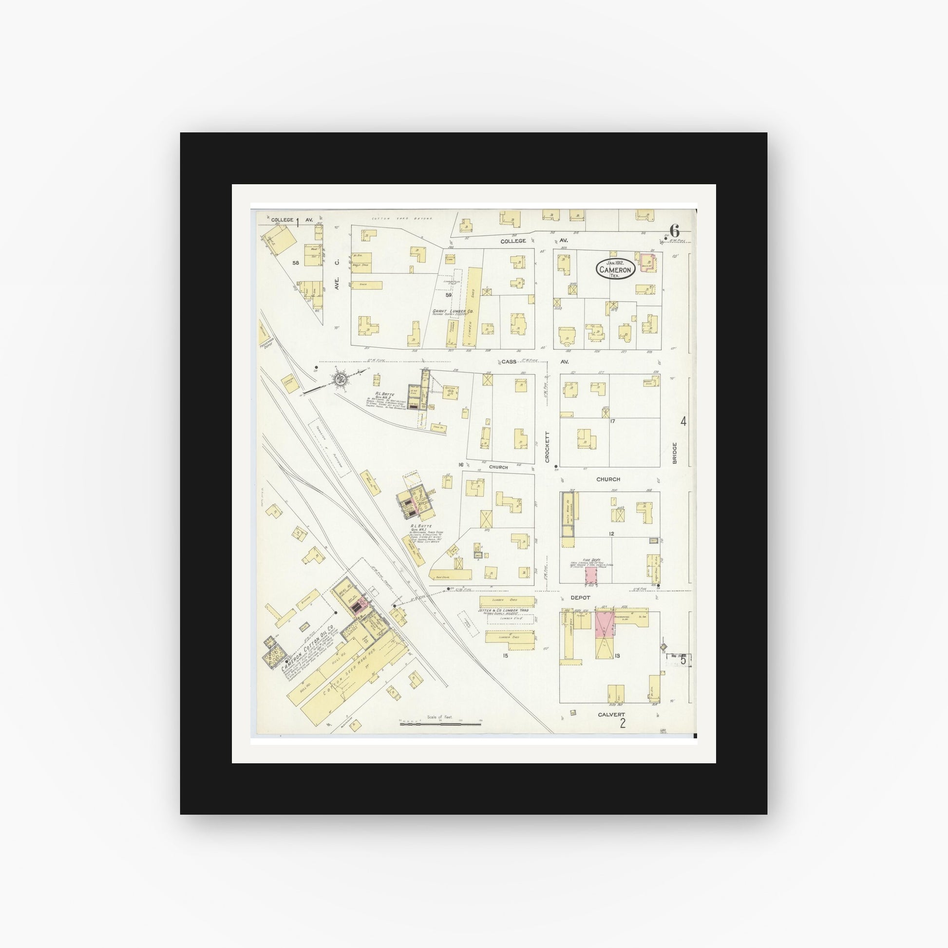 Old map wall art mockup — black gallery frame with white mat — Sanborn Fire Insurance Map from Cameron, Milam County, Texas (1912), Sheet #0006