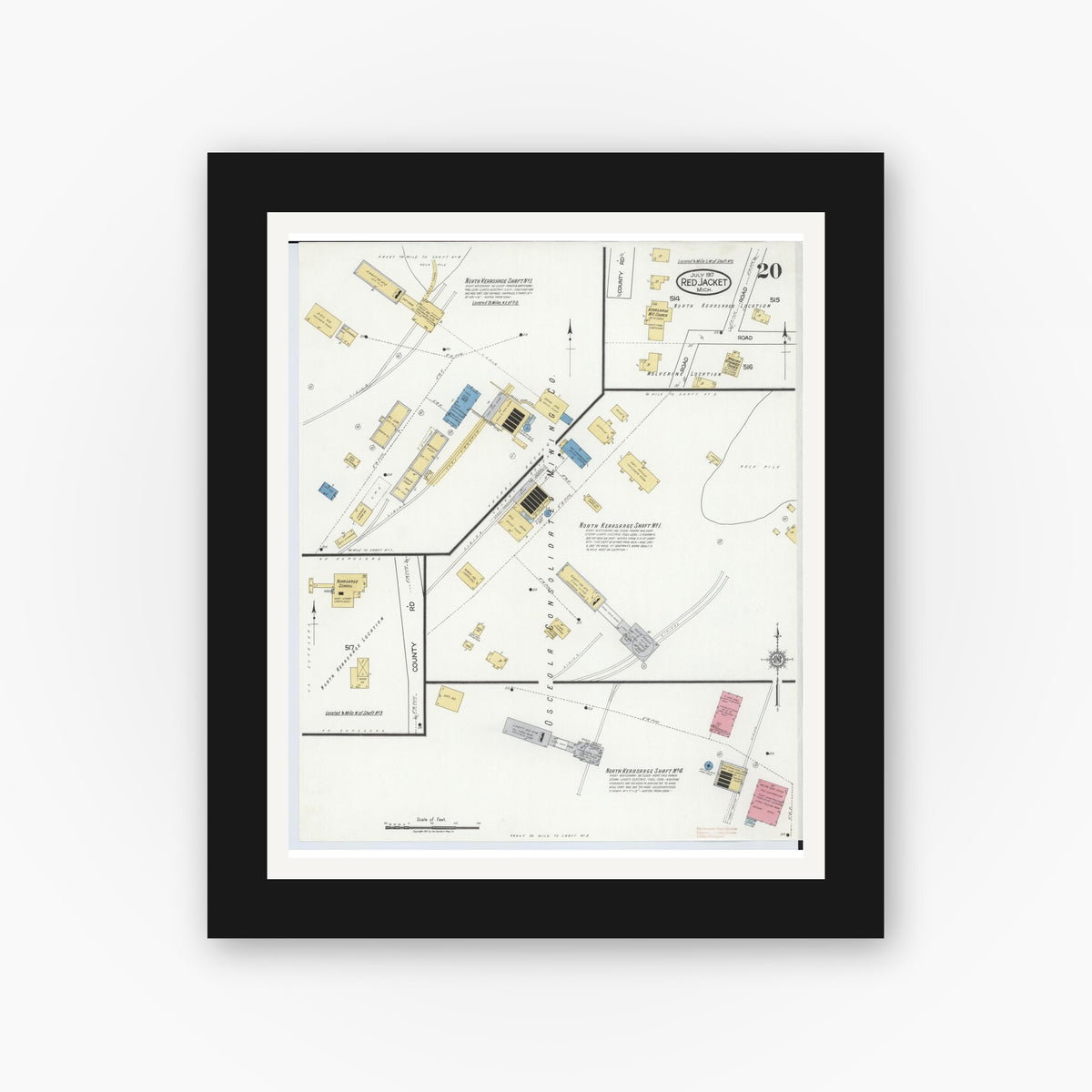 Old map wall art mockup — black gallery frame with white mat — Sanborn Fire Insurance Map from Red Jacket, Houghton County, Michigan (1917), Sheet #0020