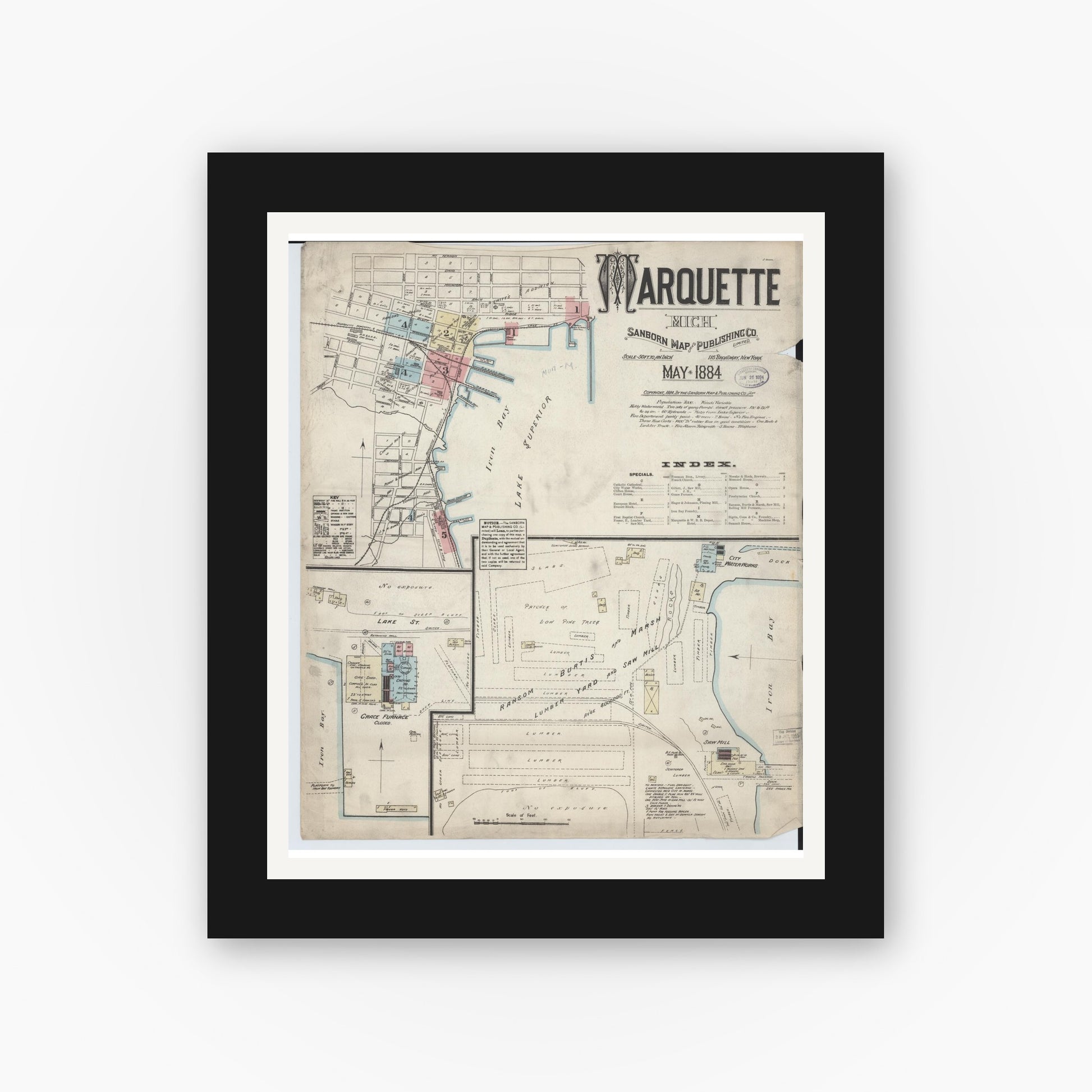 Old map wall art mockup — black gallery frame with white mat — Sanborn Fire Insurance Map from Marquette, Marquette County, Michigan (1884) - Complete Map Set