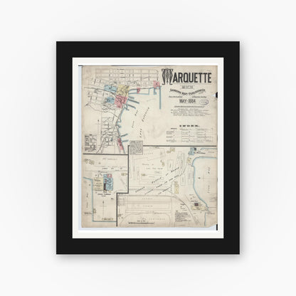 Old map wall art mockup — black gallery frame with white mat — Sanborn Fire Insurance Map from Marquette, Marquette County, Michigan (1884) - Complete Map Set