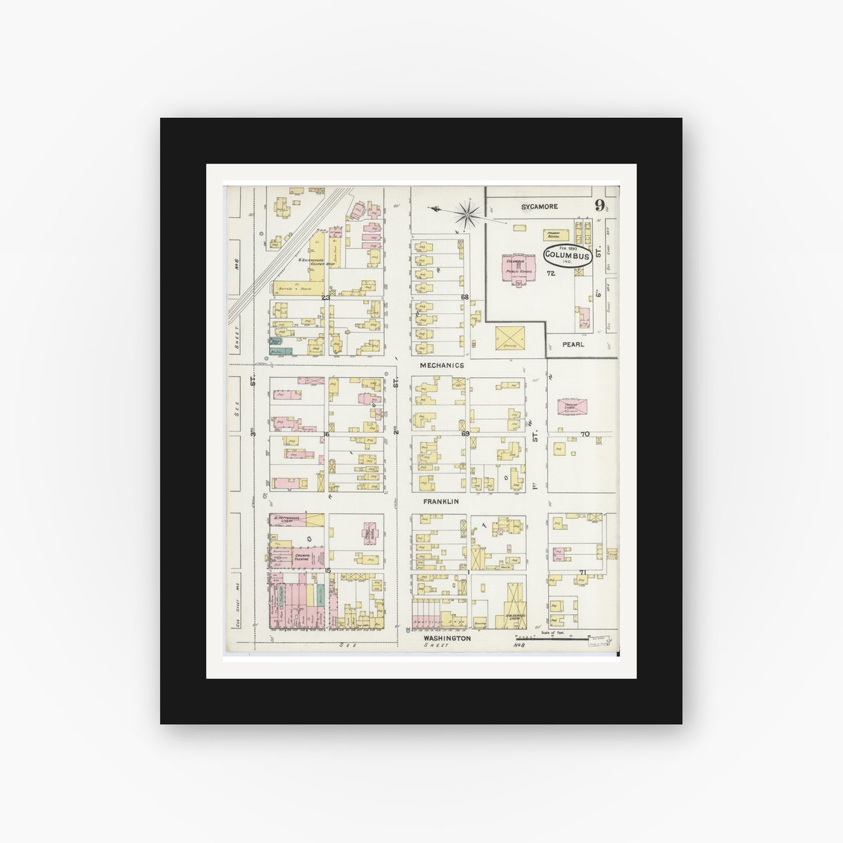 Old map wall art mockup — black gallery frame with white mat — Sanborn Fire Insurance Map from Columbus, Bartholomew County, Indiana (1890), Sheet #0009