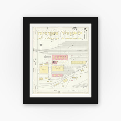 Old map wall art mockup — black gallery frame with white mat — Sanborn Fire Insurance Map from Denison, Grayson County, Texas (1914), Sheet #0025