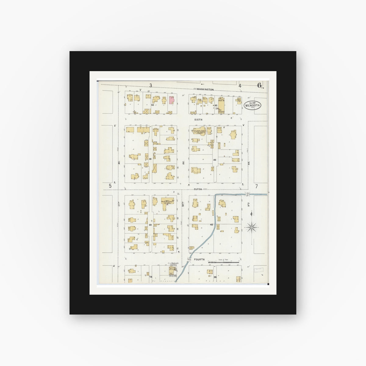 Old map wall art mockup — black gallery frame with white mat — Sanborn Fire Insurance Map from Mendota, La Salle County, Illinois (1897), Sheet #0006