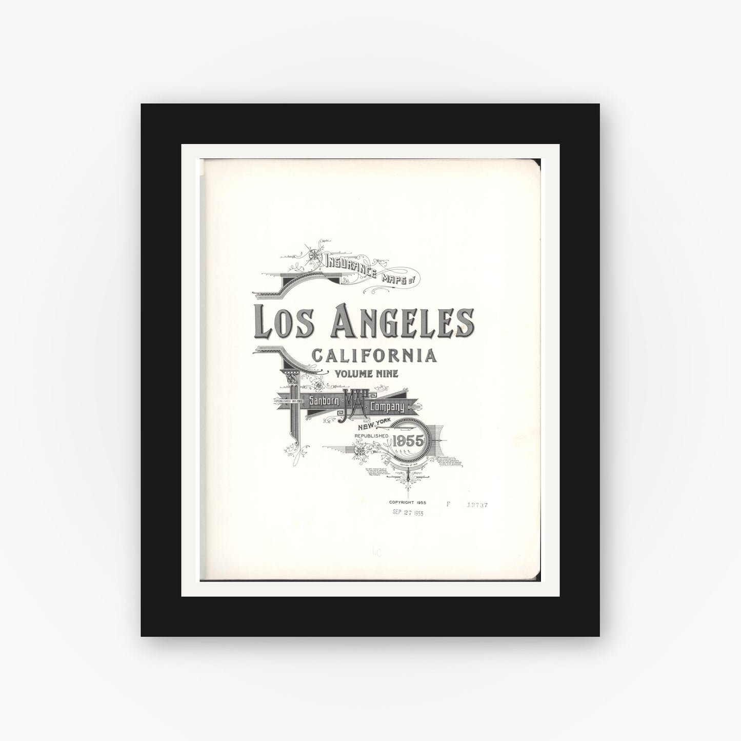 Old map wall art mockup — black gallery frame with white mat — Sanborn Fire Insurance Map from Los Angeles, Los Angeles County, California (1955), Sheet #0001