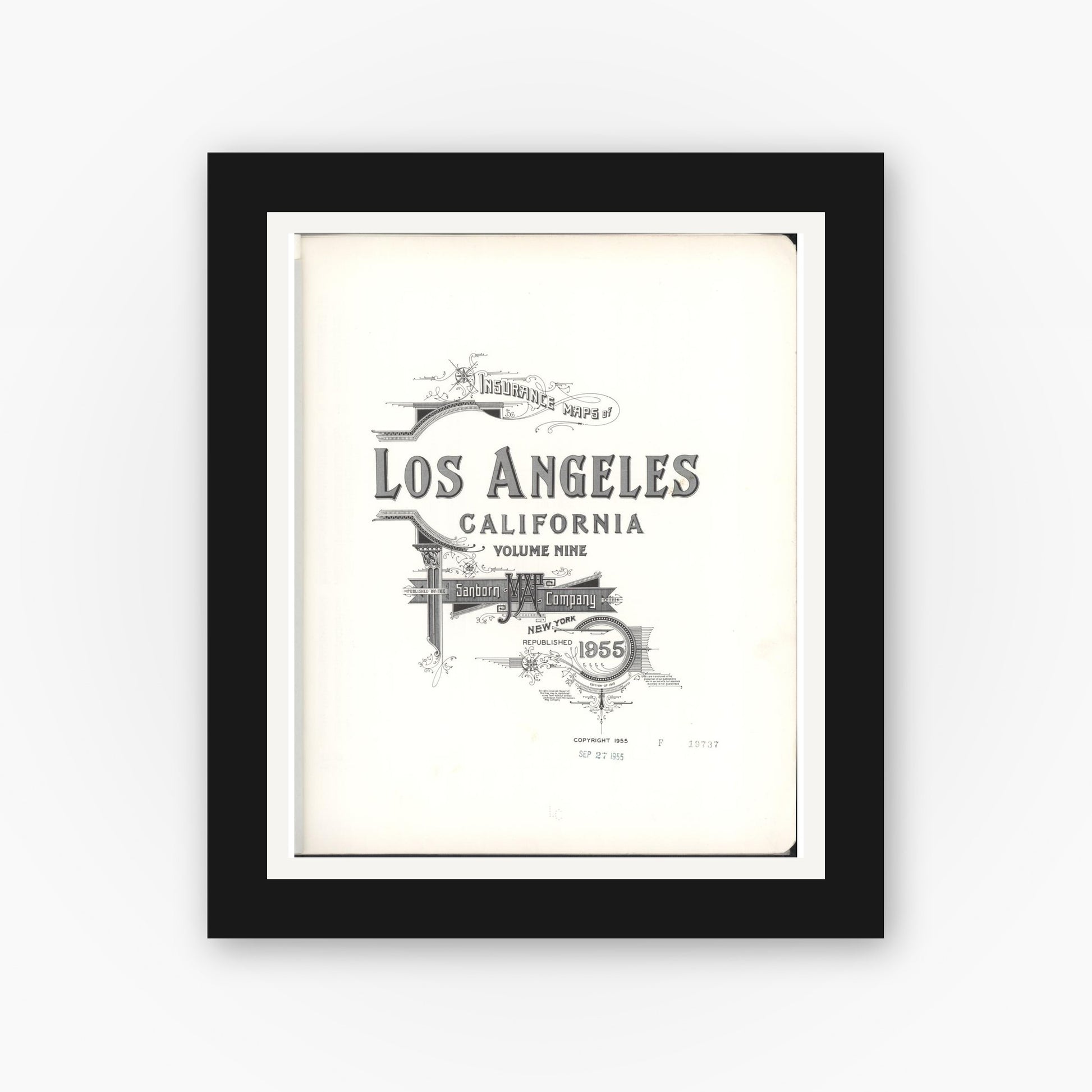 Old map wall art mockup — black gallery frame with white mat — Sanborn Fire Insurance Map from Los Angeles, Los Angeles County, California (1955), Sheet #0001