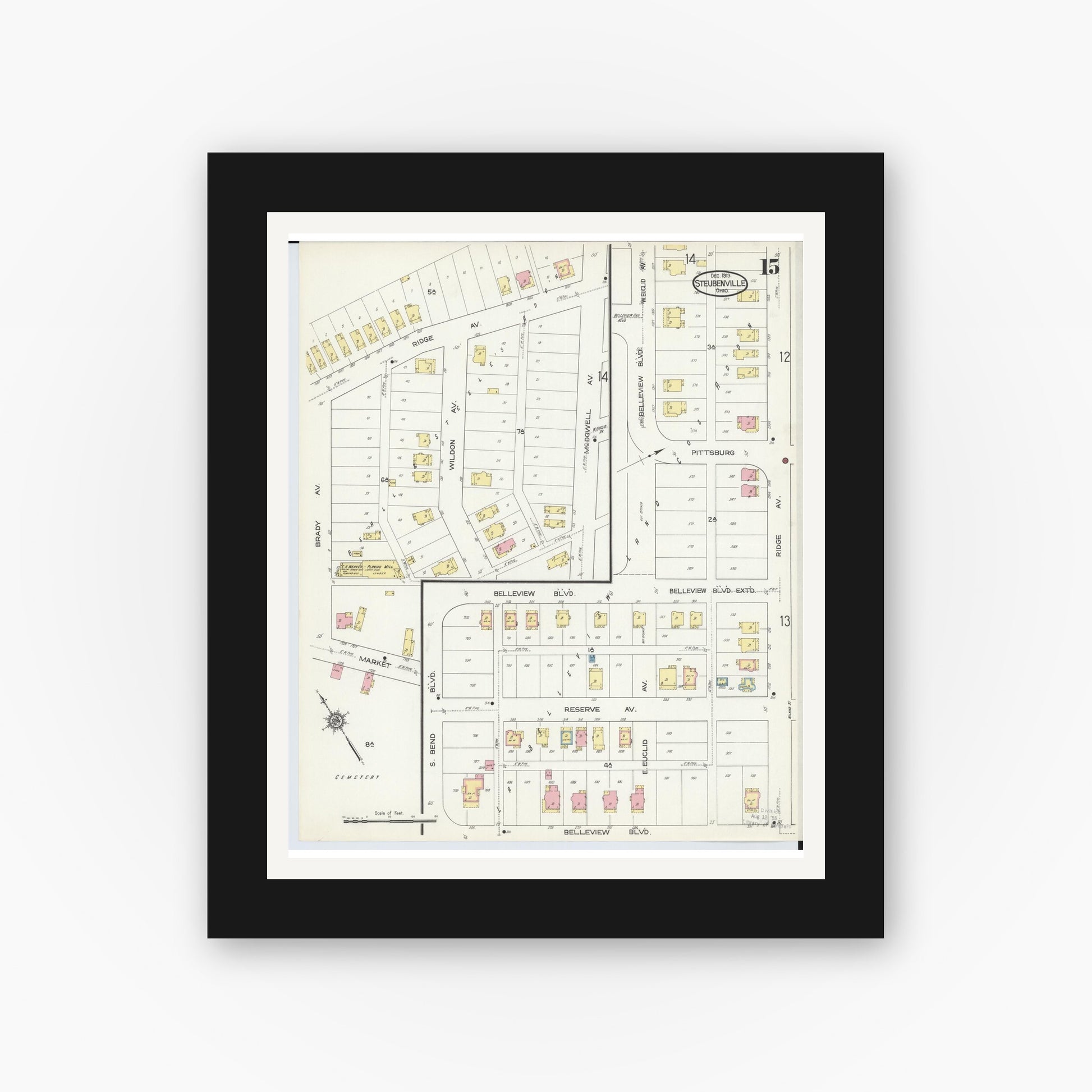 Old map wall art mockup — black gallery frame with white mat — Sanborn Fire Insurance Map from Steubenville, Jefferson County, Ohio (1913), Sheet #0015