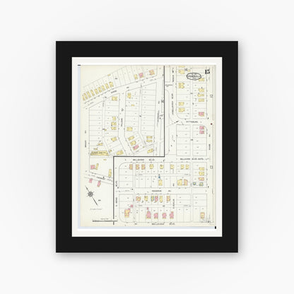 Old map wall art mockup — black gallery frame with white mat — Sanborn Fire Insurance Map from Steubenville, Jefferson County, Ohio (1913), Sheet #0015