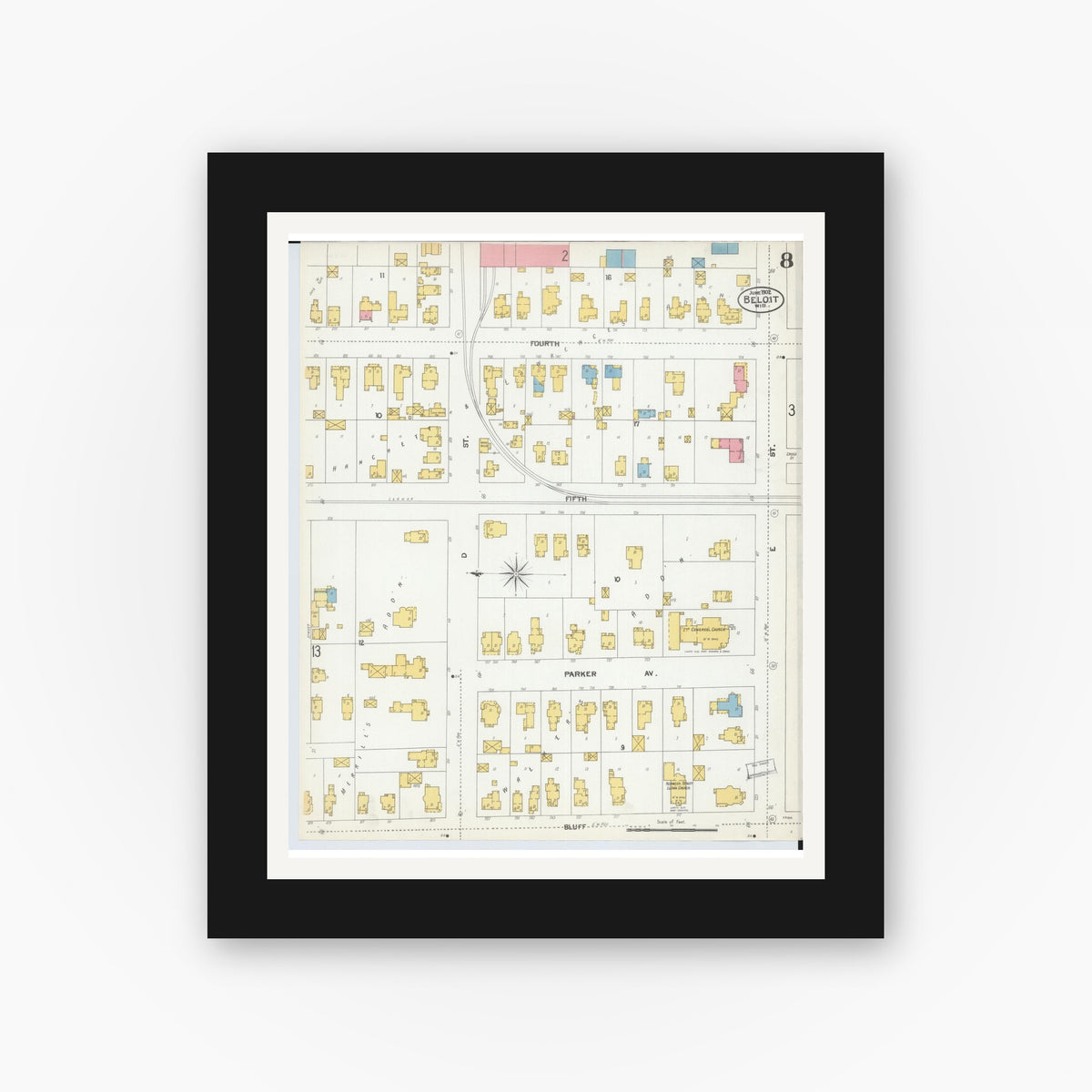 Old map wall art mockup — black gallery frame with white mat — Sanborn Fire Insurance Map from Beloit, Rock County, Wisconsin (1902), Sheet #0008